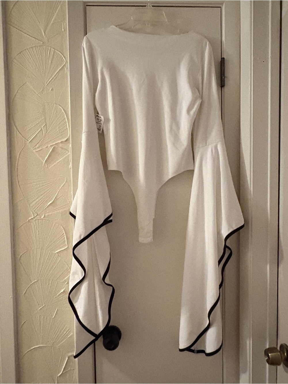 AKIRA White Bodysuit with Black Trim Bell Sleeves